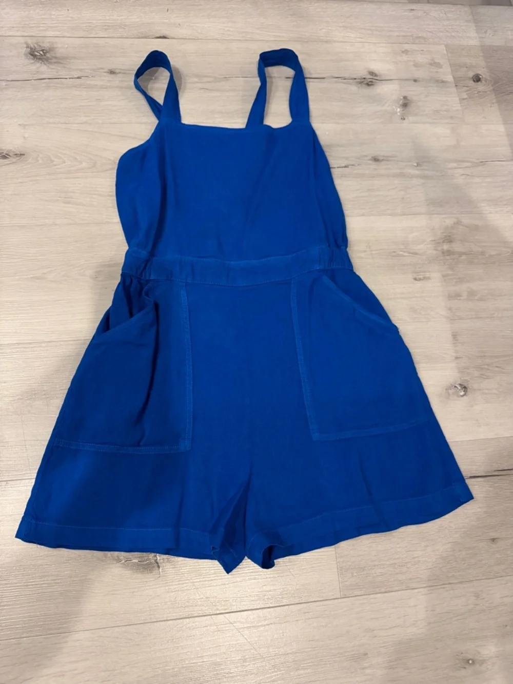 Zara Bright Blue Sleeveless Romper with open back in a Linen/Viscose blend.